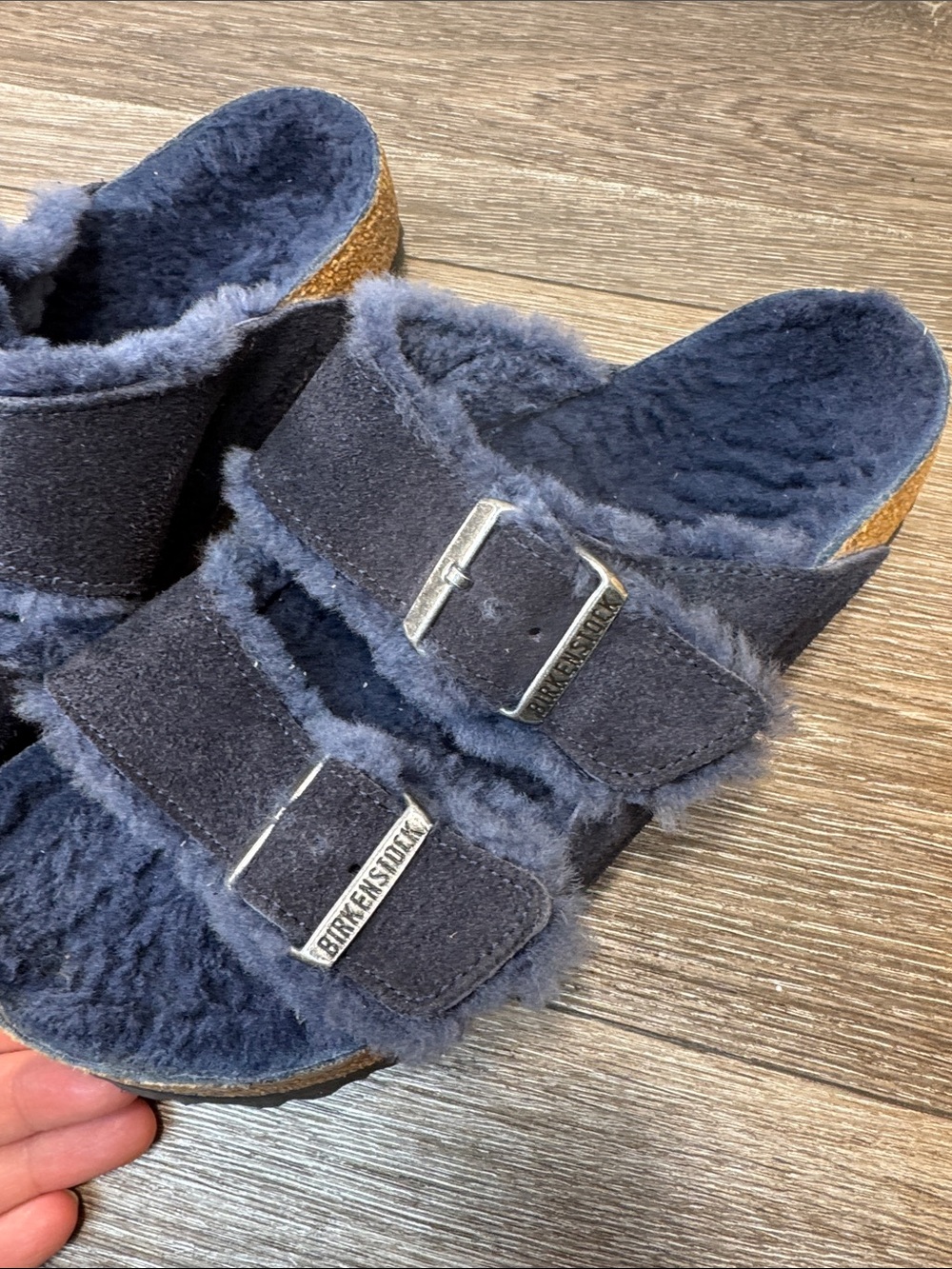 Birkenstock Navy Suede Shearling Arizona fur lined Sandals Sz 38 (j295) - Picture 2 of 8